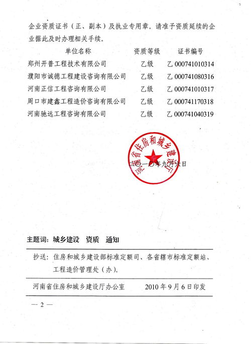 河南省住房和城鄉(xiāng)建設(shè)廳關(guān)于批準(zhǔn)鄭州開普工程技術(shù)等6家乙級(jí)工程造價(jià)咨詢企業(yè)資質(zhì)延續(xù)的通知